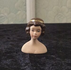 Vintage Mini Lady Bust Ceramic Figurine Brown Hair Gold Headband